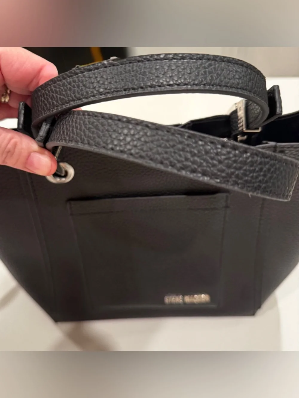 Steve Madden Black Pebbled Tote Bag NWOT Structured Silver Hardware - Picture 4 of 11